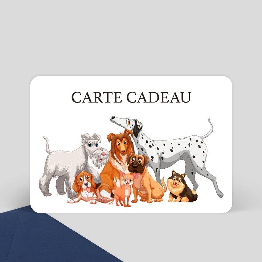 Photo du recto d'une carte cadeau blanche avec une illustration de chiens.